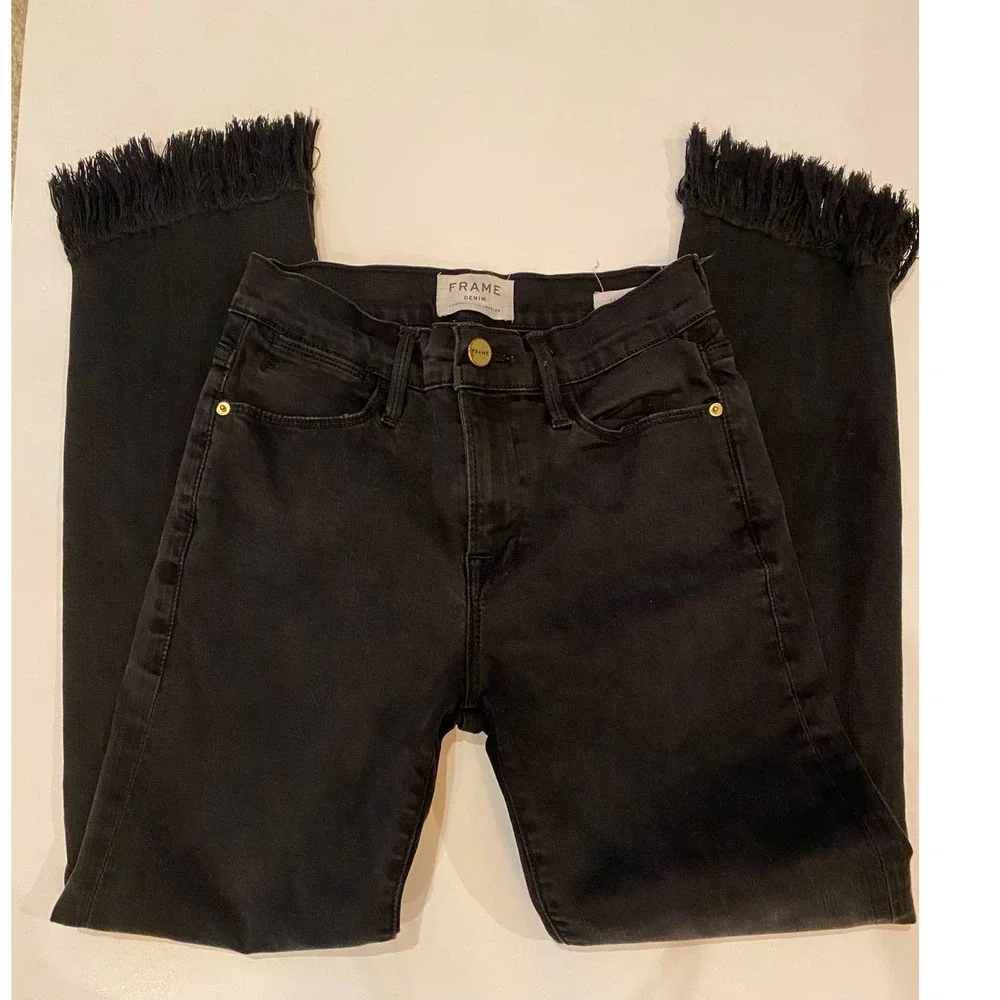 FRAME Black Frayed Hem Jeans Size 25 Cropped Straight Designer Denim - Picture 2 of 8